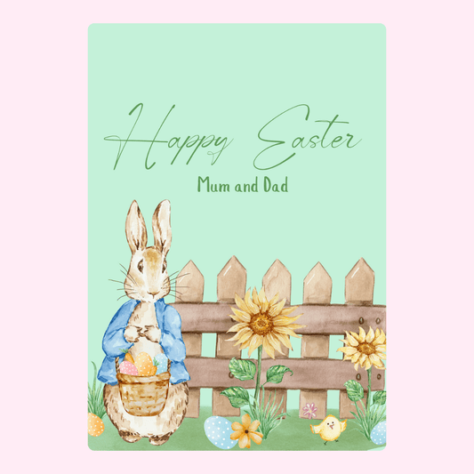 Happy Easter card from Mum and Dad, featuring bunny and sunflowers.