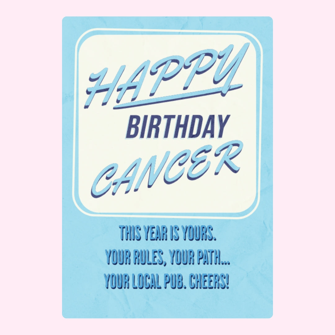 Light blue Cancer birthday design with bold retro text