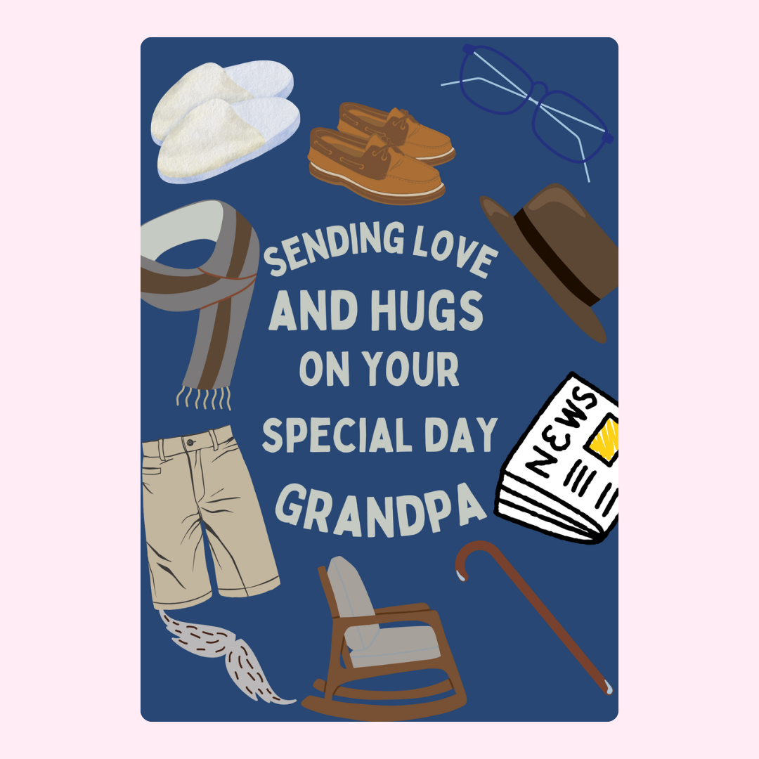 Grandpa's special day card with love, hugs, and gifts.