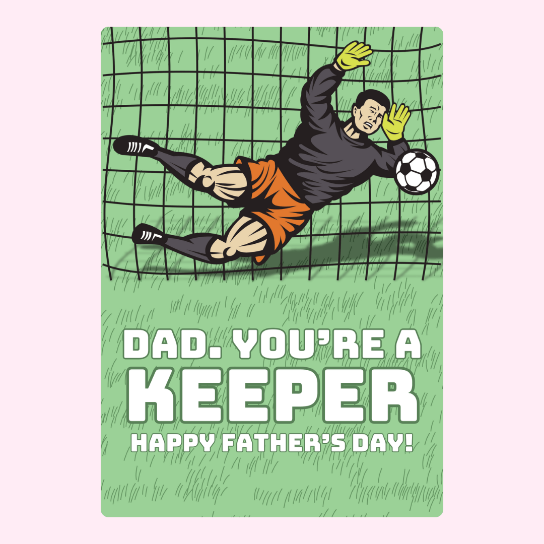 Goalie diving for soccer ball, Dad, you're a keeper
