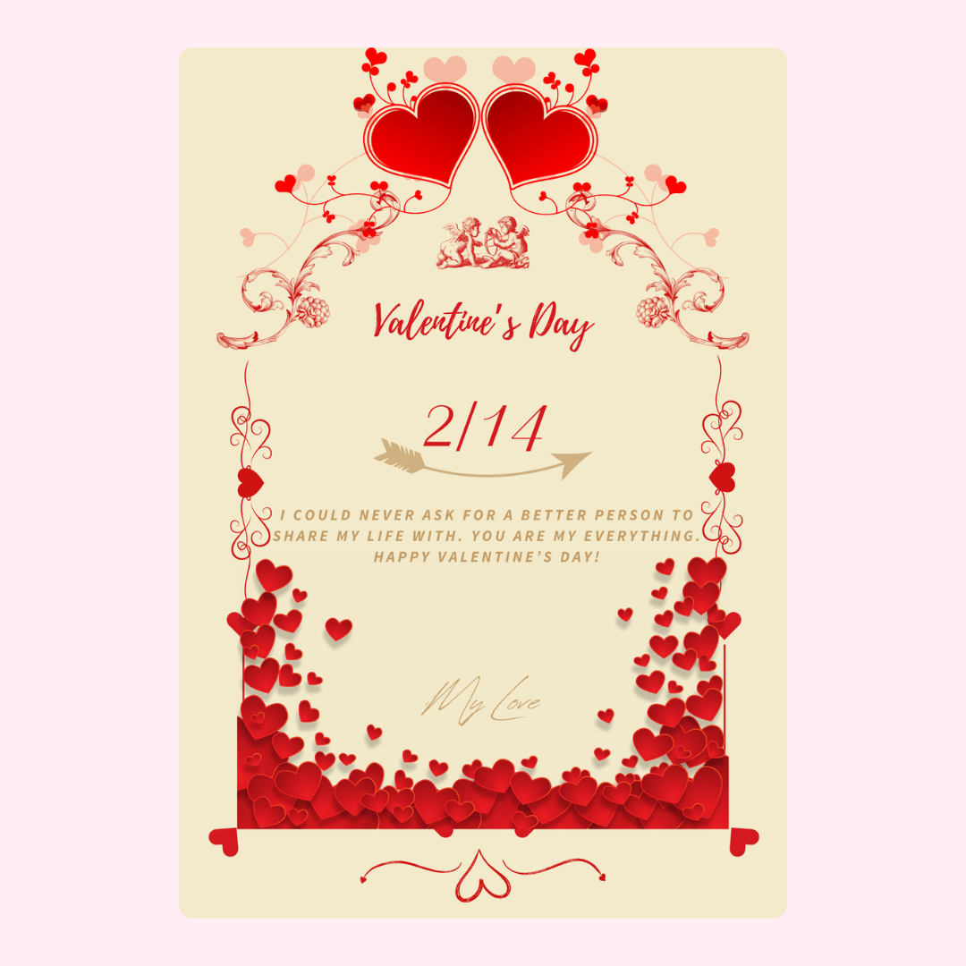 Valentine's Day card with hearts & 2/14 date