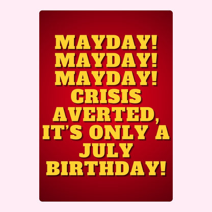 Red and yellow July birthday message card with bold text