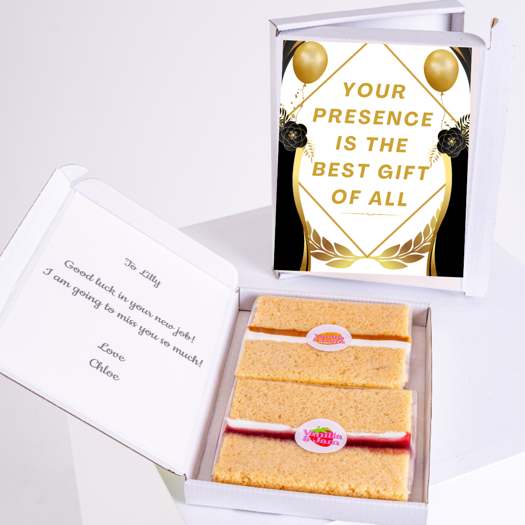 Farewell cake gift for Lilly, with message Your presence is the best gift.
