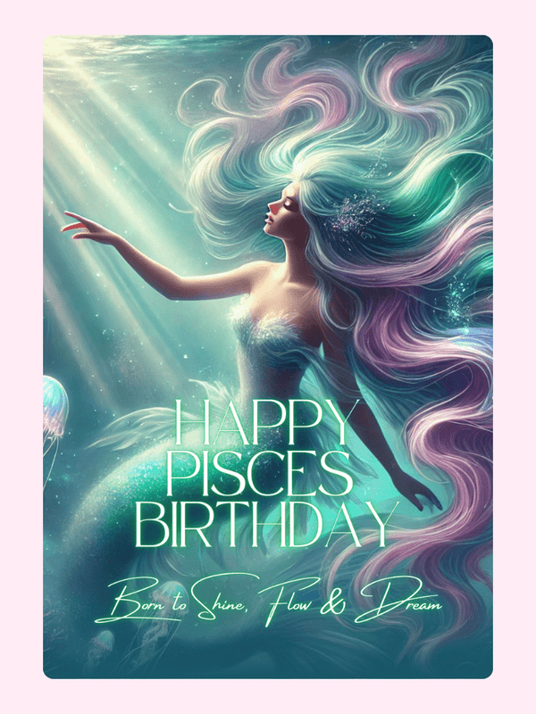 Happy Pisces Birthday card with mermaid
