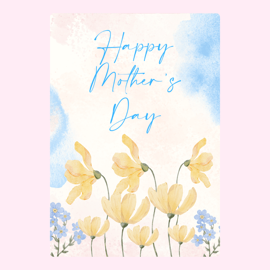 Mother's Day card with yellow flowers and watercolor background.