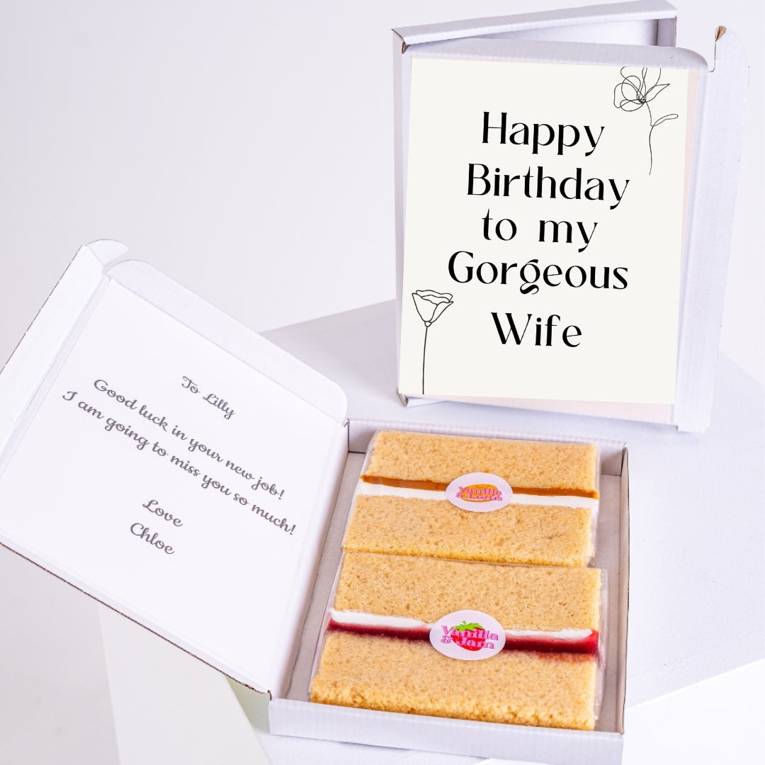 Vanilla sponge slices with a personal message inside box
