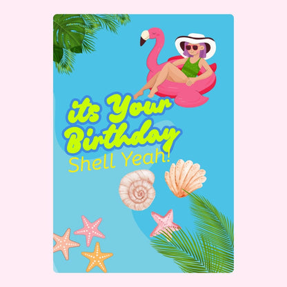 Birthday card with flamingo floatie and seashells.