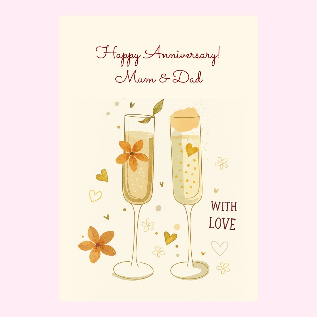Anniversary card for mum and dad with champagne glasses and flowers.
