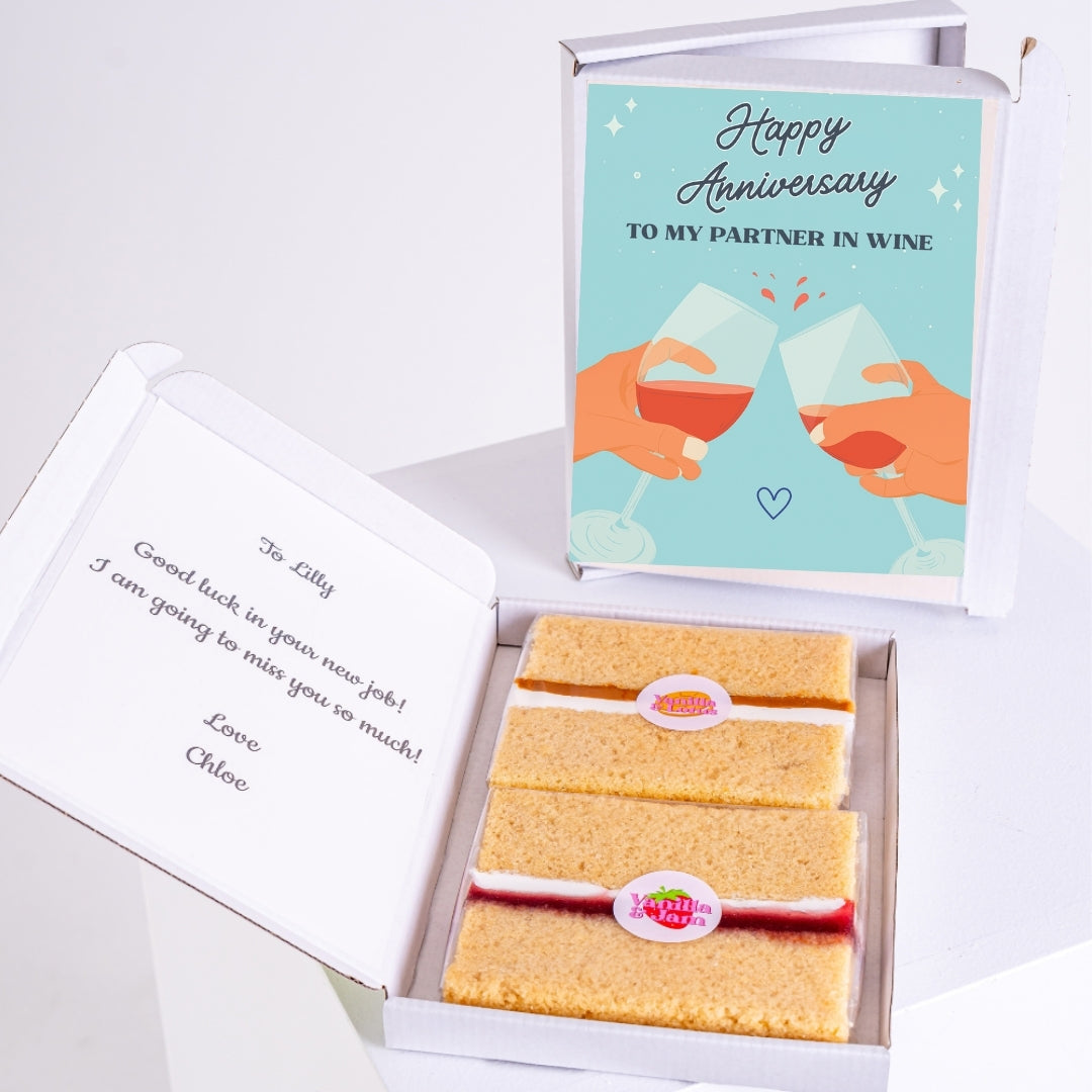 Anniversary gift box with wine-themed design.