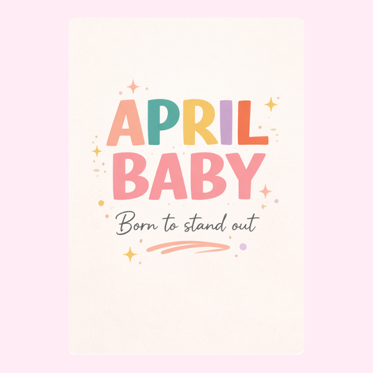Fun pastel April Baby birthday card with colorful typography and playful stand out quote