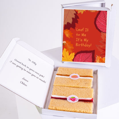 Autumn birthday gift box with sponge cake slices.