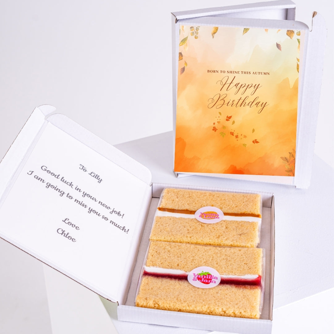 Autumn birthday gift box with sponge cake slices and personal message.