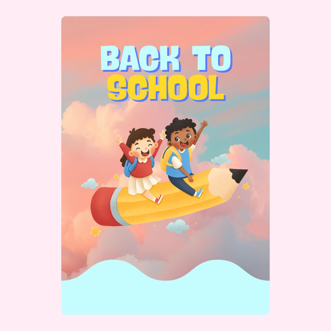 Back to school design with kids riding pencil.