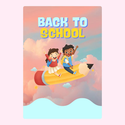 Back to school design with kids riding pencil.