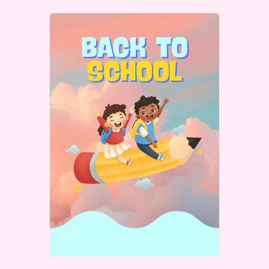 Back to school design with kids riding pencil.
