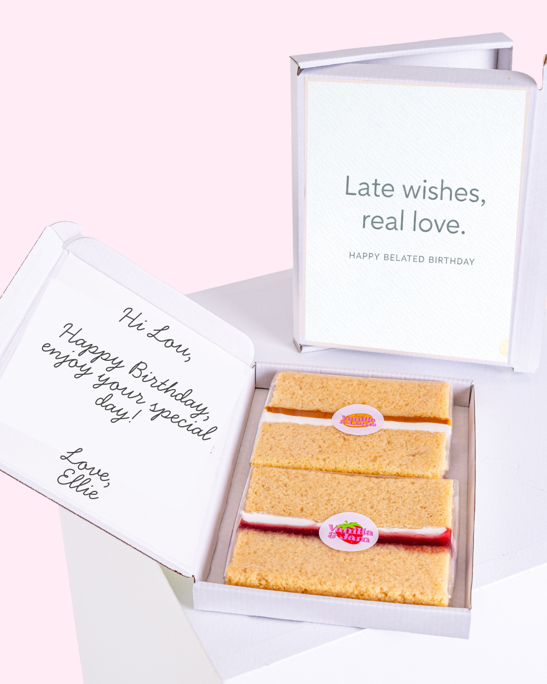 A belated birthday card with a simple heartfelt message and two slices of cake in the box.