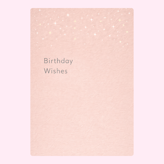 Soft pink minimalist birthday card with a starry design at the top and the words "Birthday Wishes" in elegant font