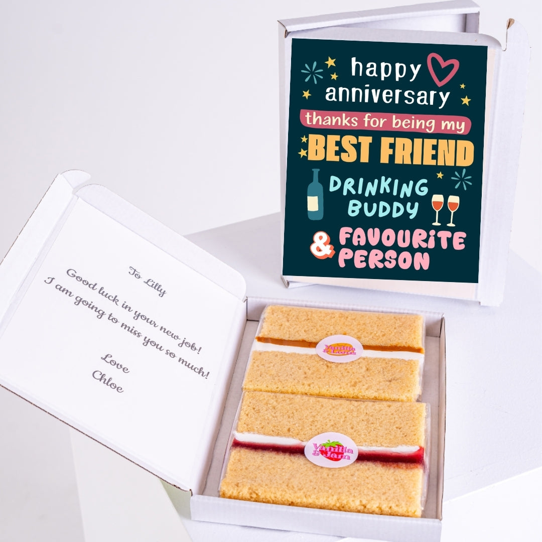 Birthday box with cake and funny friend anniversary message.