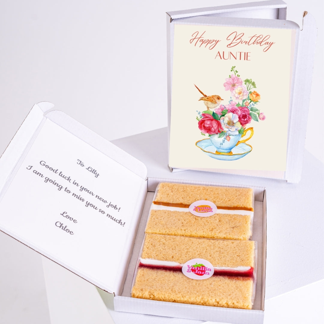 Birthday gift box with floral auntie design, personalised message, and two cake slices.