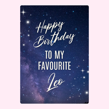 Birthday greeting for Leo on a starry background.
