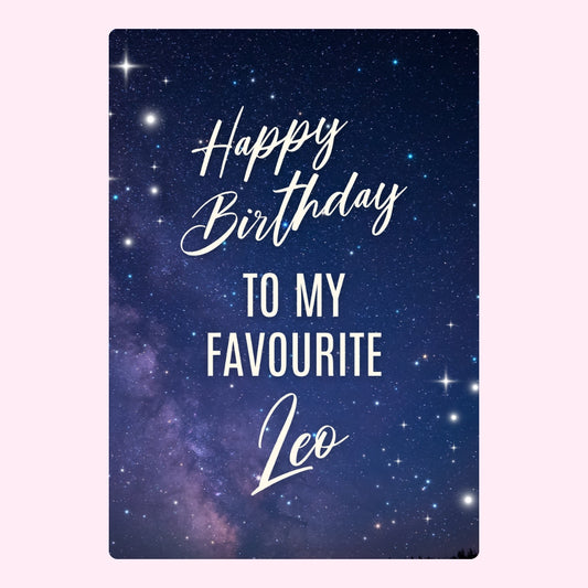 Birthday greeting for Leo on a starry background.