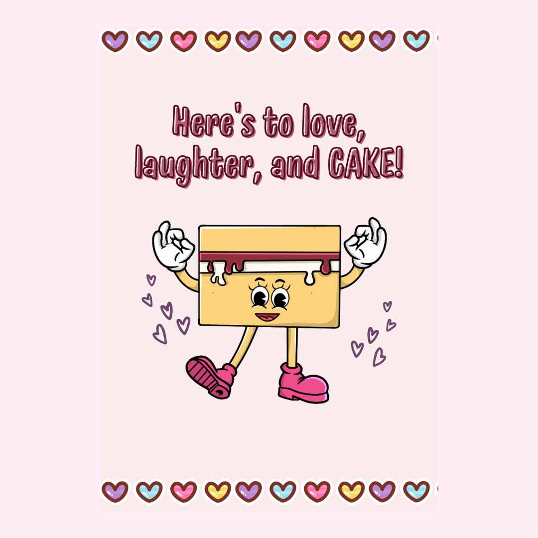 Cartoon cake celebrating love and laughter.