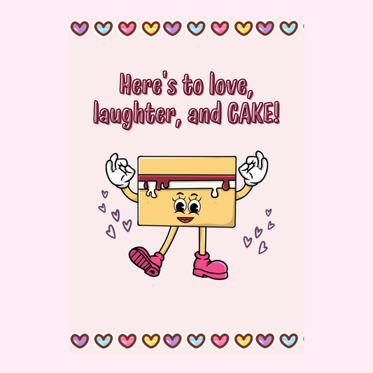 Cartoon cake celebrating love and laughter.