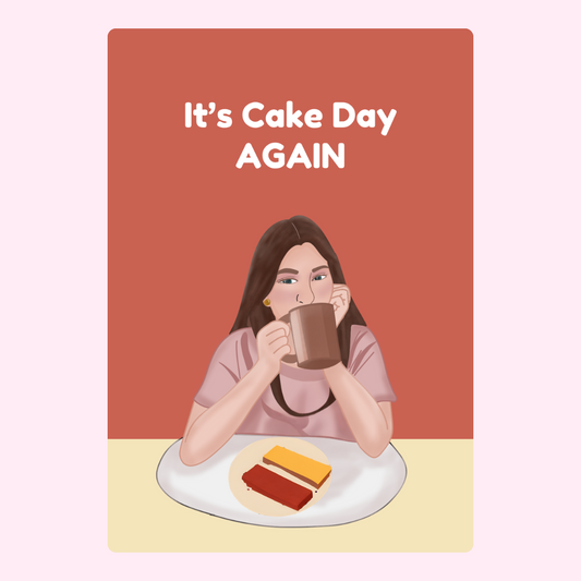 It's Cake Day Again! Woman with cake and coffee.