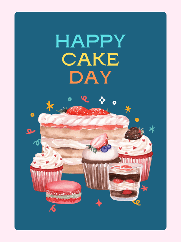 Happy Cake Day illustration with various cakes.