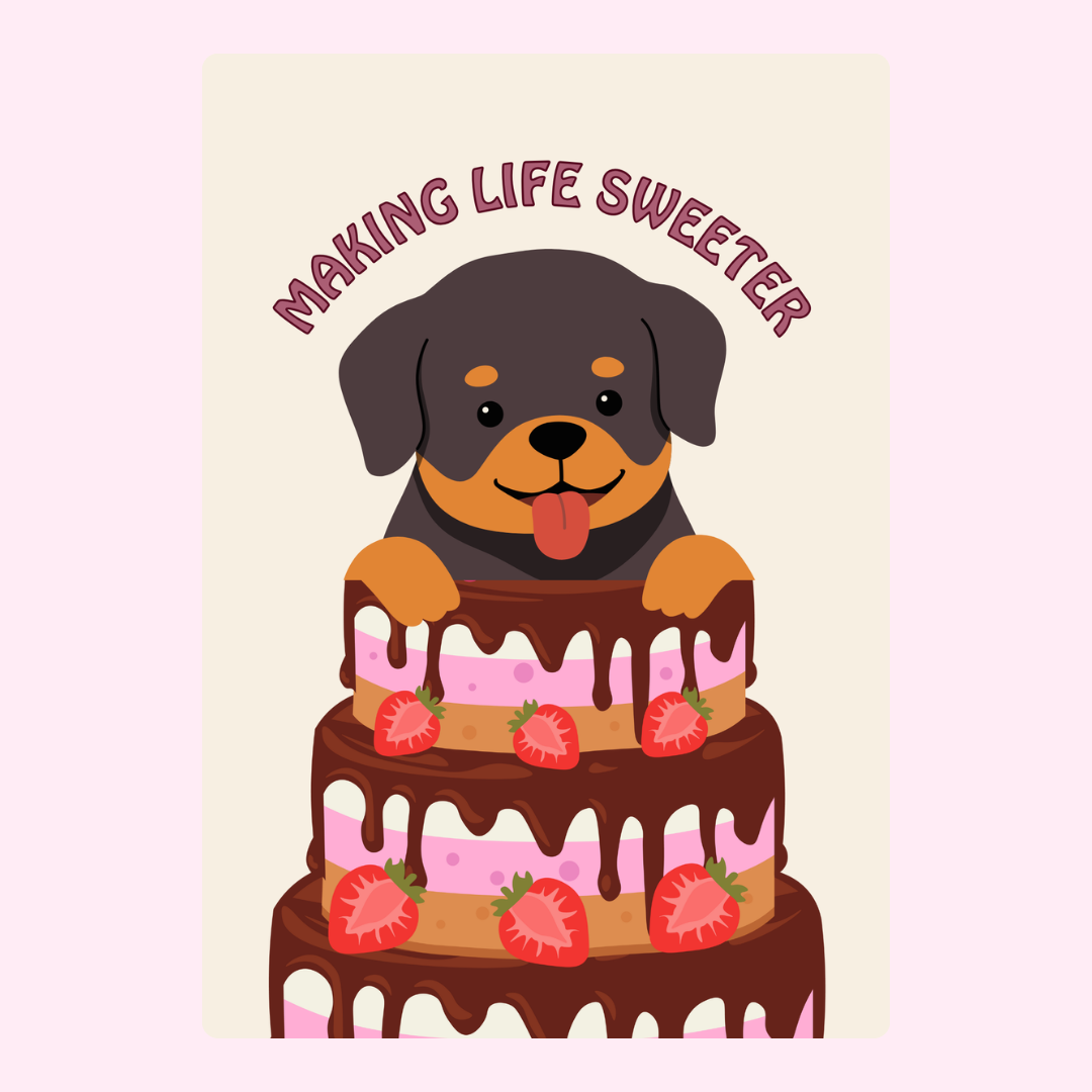 Puppy on cake with strawberries, making life sweeter