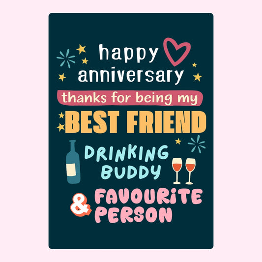 Cake gift box with message for best friend and wine glasses.