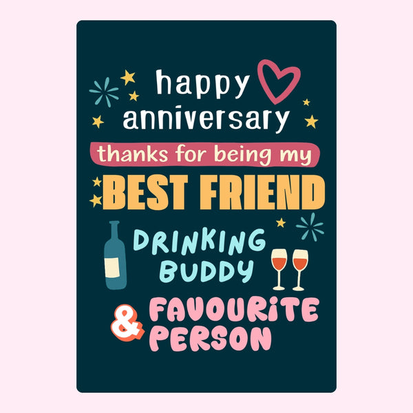 Cake gift box with message for best friend and wine glasses.