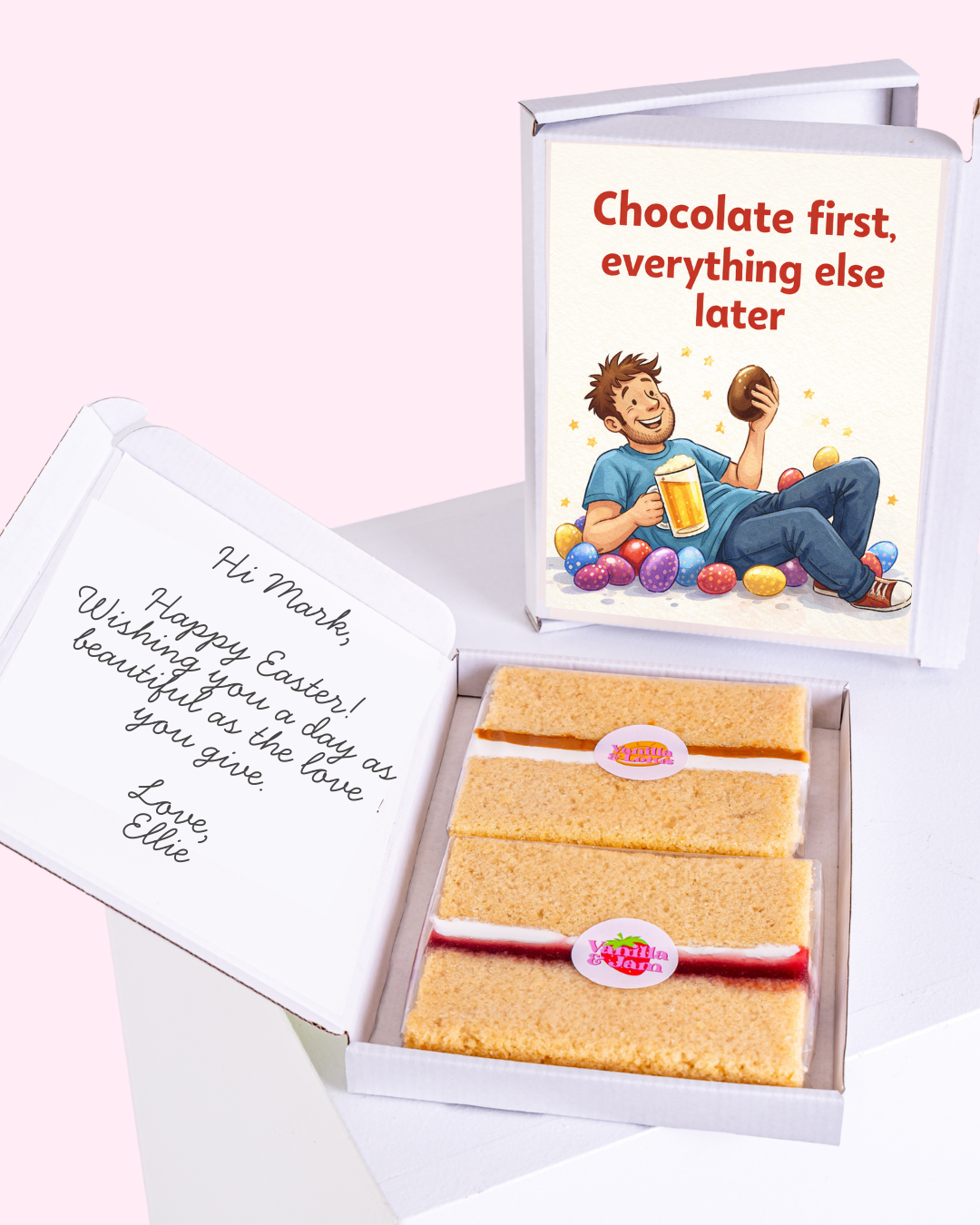 Easter cake card featuring a man with chocolate and beer, with a personal message inside.