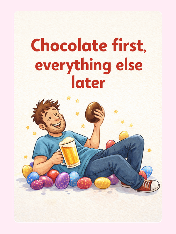 Easter card with a man enjoying chocolate and beer, surrounded by colorful eggs.