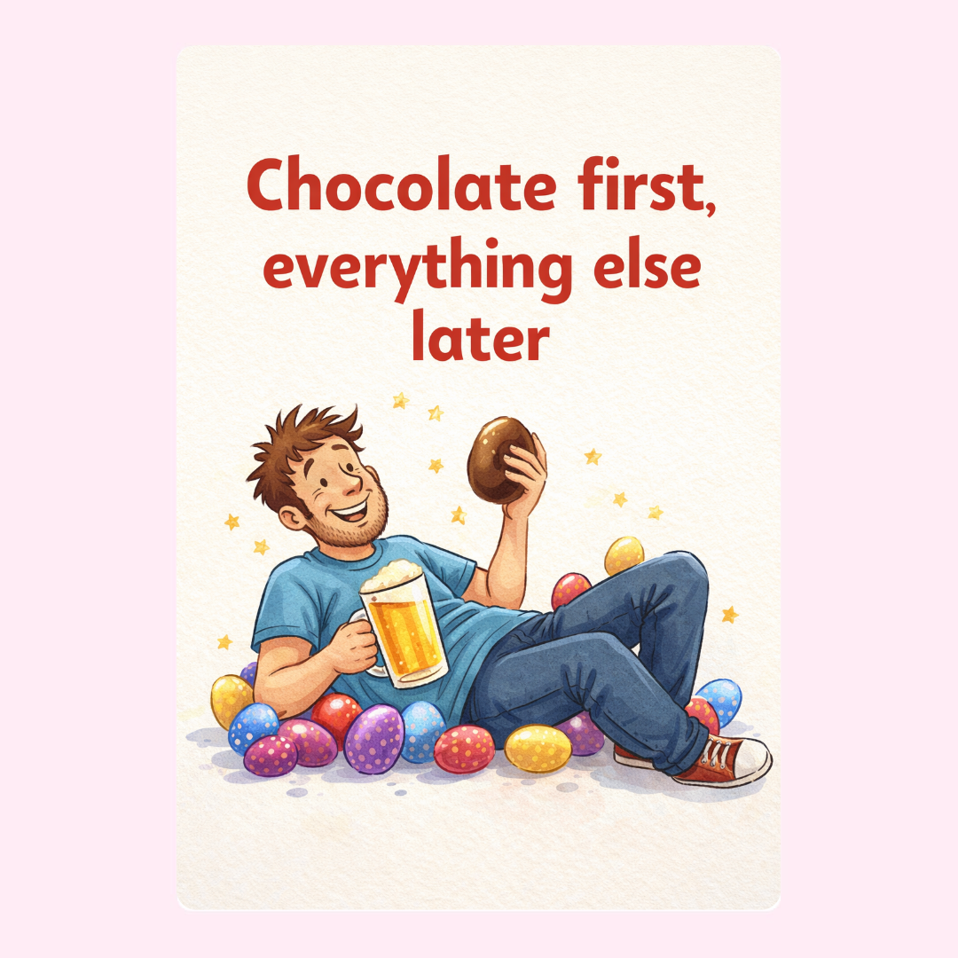 Easter card with a man enjoying chocolate and beer, surrounded by colorful eggs.