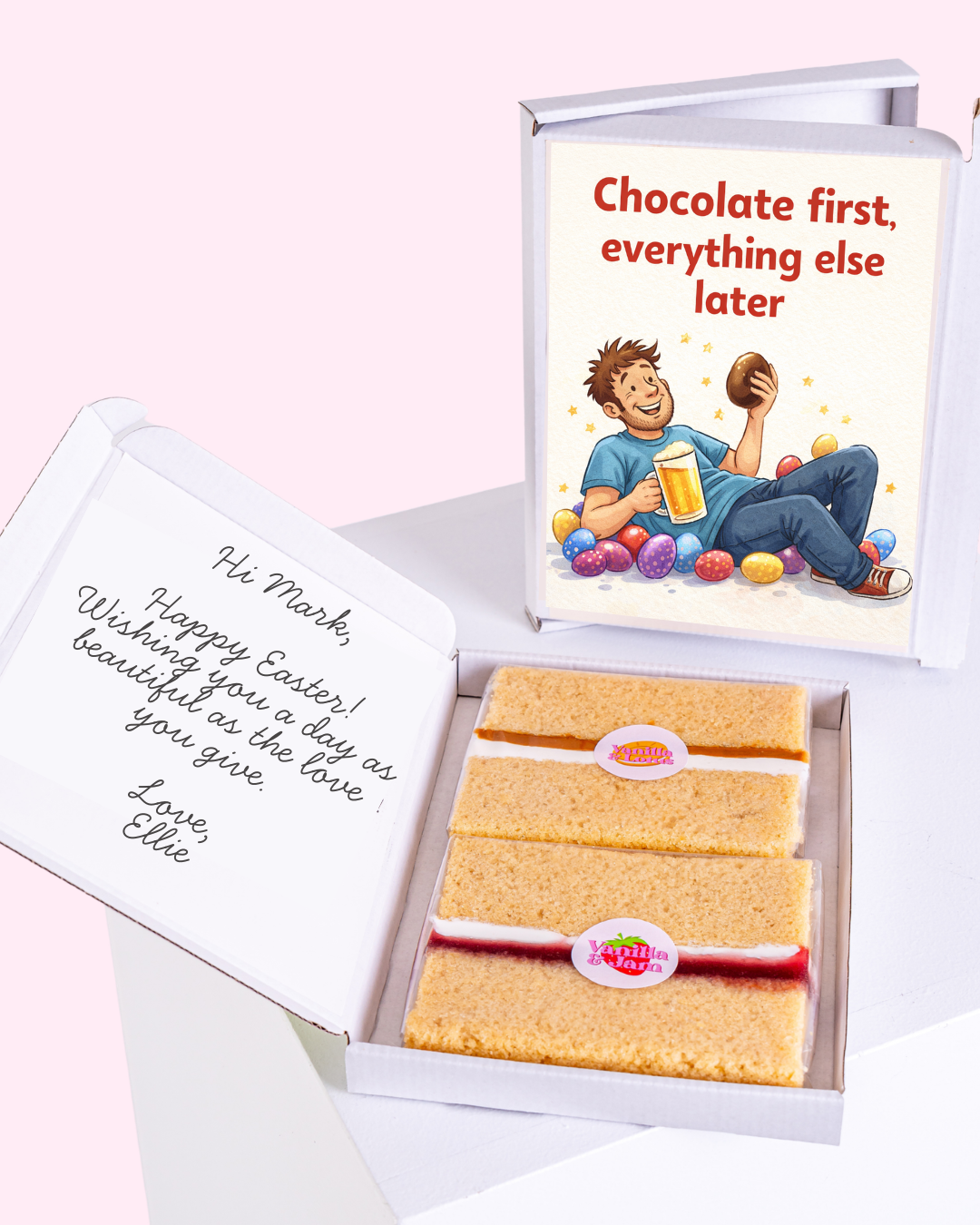 Easter cake card featuring a man with chocolate and beer, with a personal message inside.