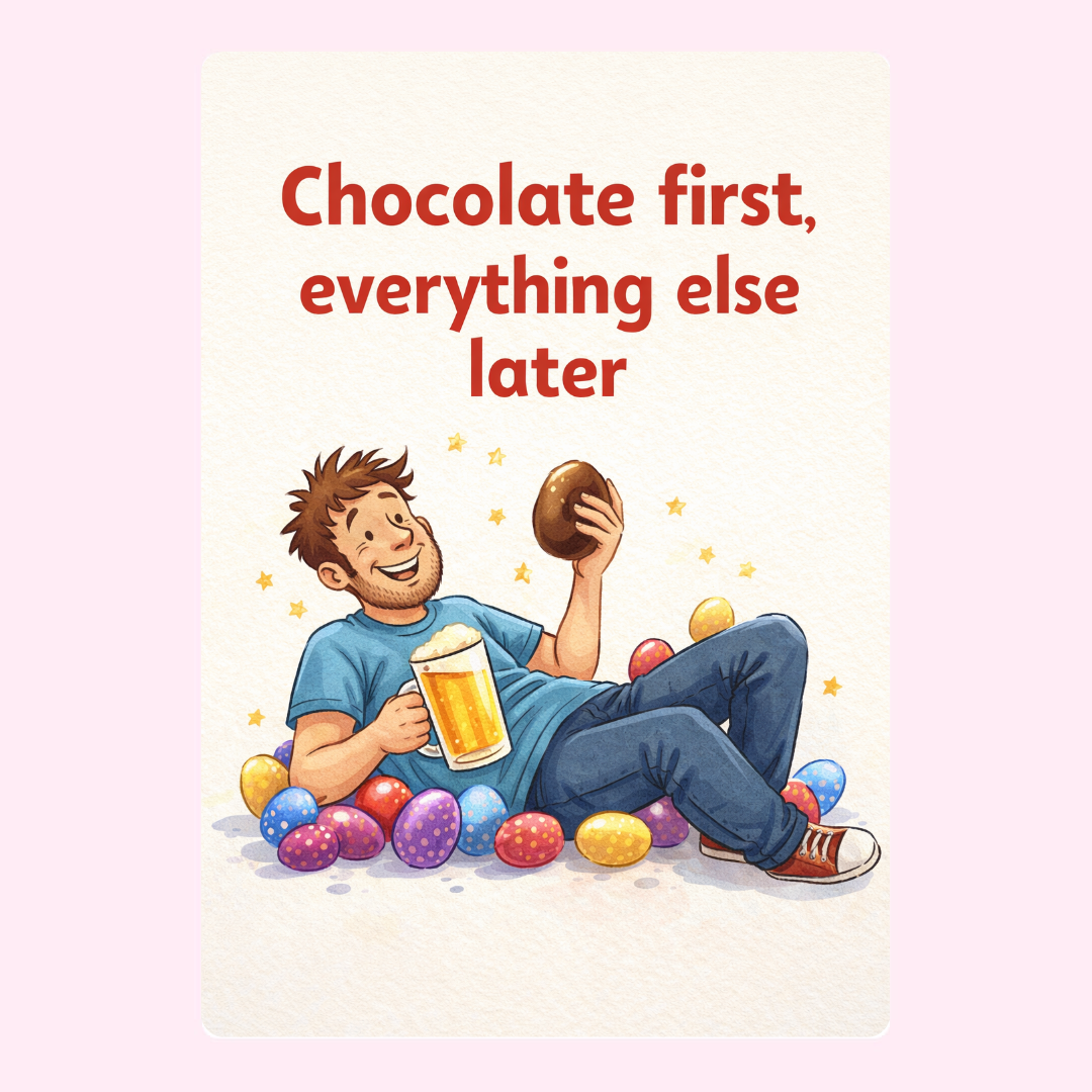 Easter card with a man enjoying chocolate and beer, surrounded by colorful eggs.