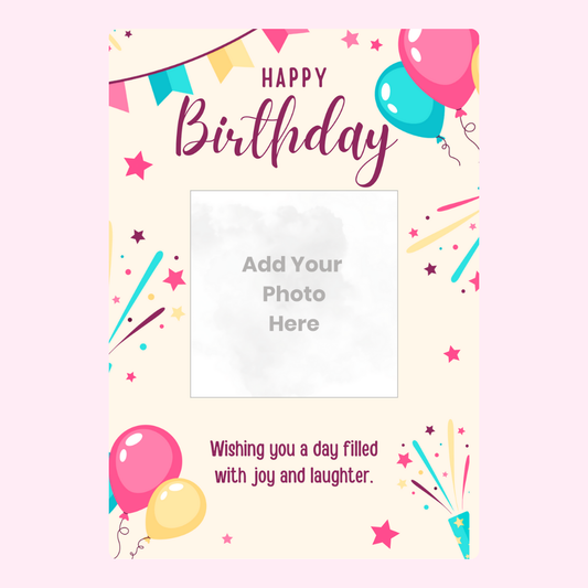Birthday photo upload card with colourful balloons