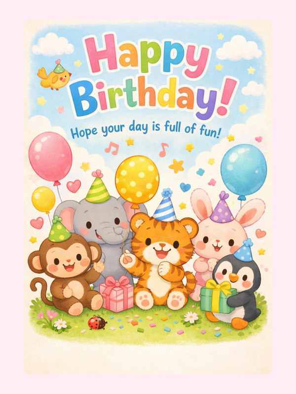 cute animal party birthday cake card by post UK letterbox birthday gift edible greeting card with balloons and animals