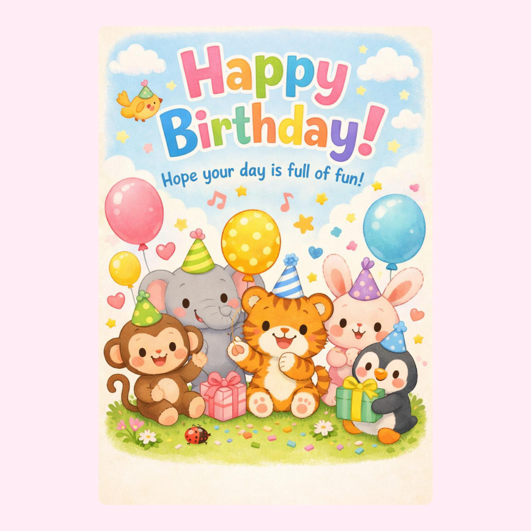 cute animal party birthday cake card by post UK letterbox birthday gift edible greeting card with balloons and animals