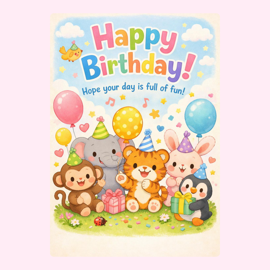 cute animal party birthday cake card by post UK letterbox birthday gift edible greeting card with balloons and animals
