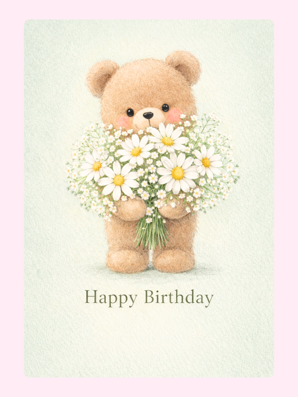Adorable teddy bear holding white daisy flowers with “Happy Birthday” text on a soft pastel background