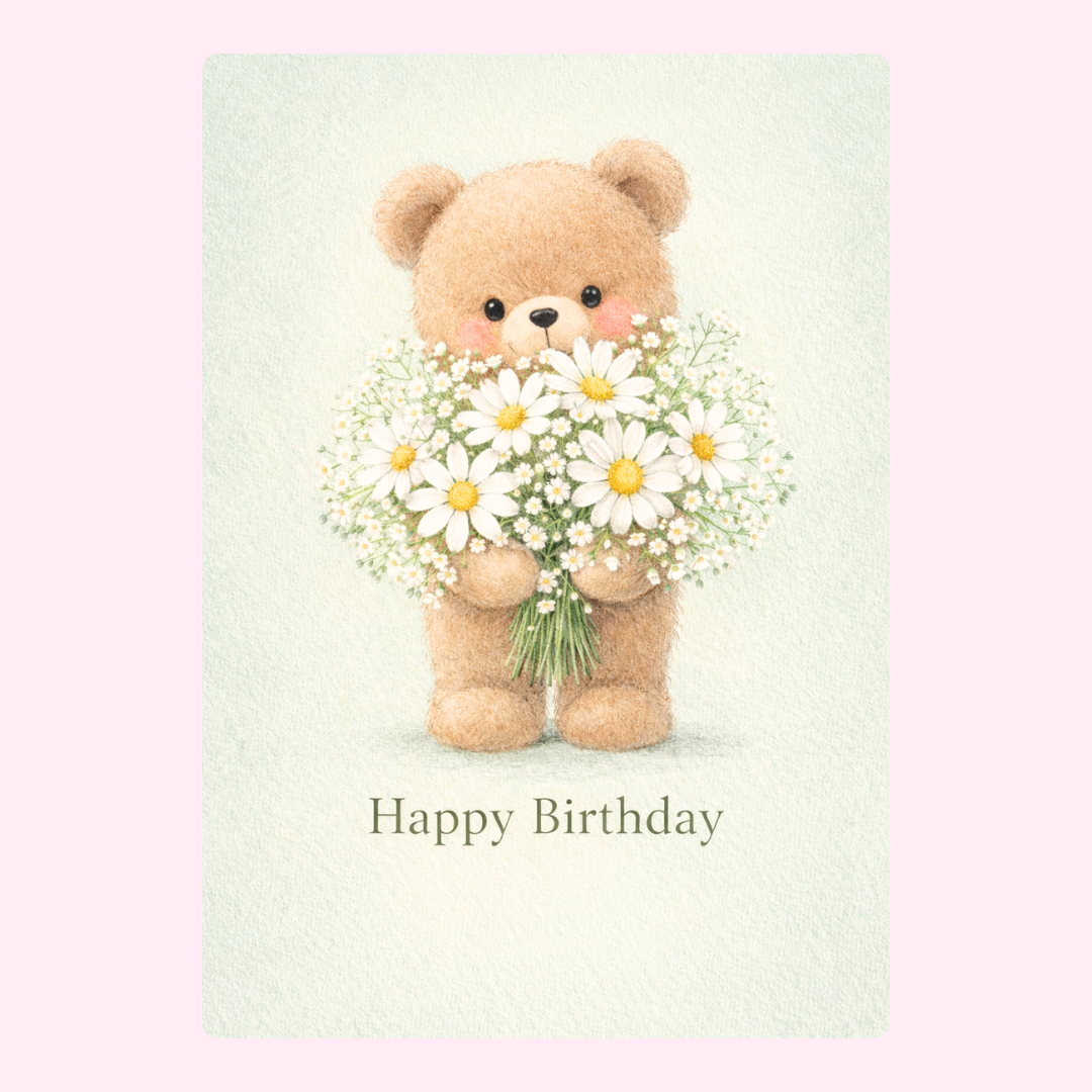 Adorable teddy bear holding white daisy flowers with “Happy Birthday” text on a soft pastel background