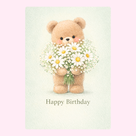 Adorable teddy bear holding white daisy flowers with “Happy Birthday” text on a soft pastel background