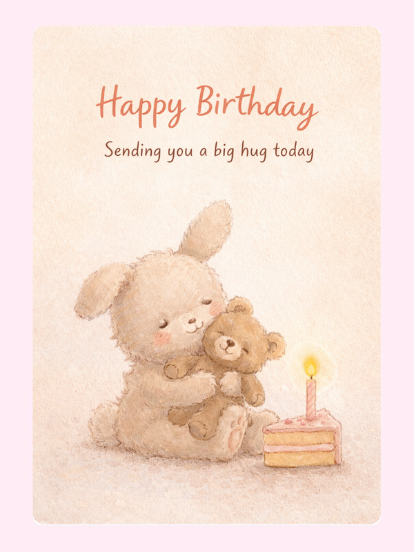 A cute birthday card featuring a bunny hugging a teddy bear, with a candle and a small cake