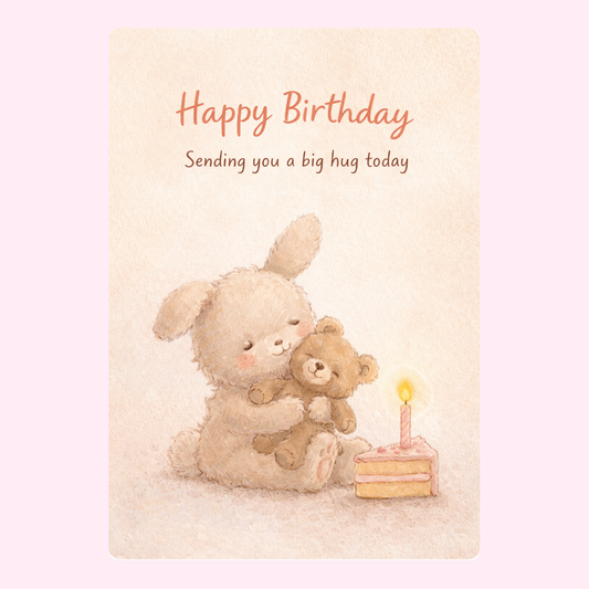 A cute birthday card featuring a bunny hugging a teddy bear, with a candle and a small cake