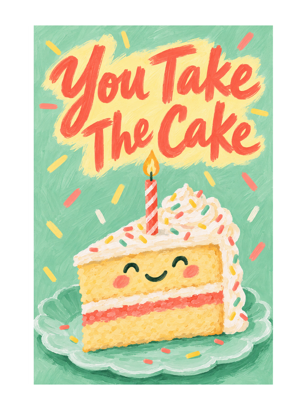 You Take The Cake Birthday cake card by MailBakes, gouache painting with You Take The Cake text
