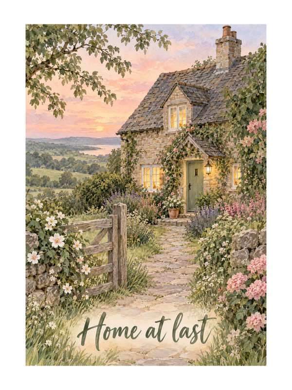 Home At Last cake card by MailBakes, watercolour painting with Home at last text