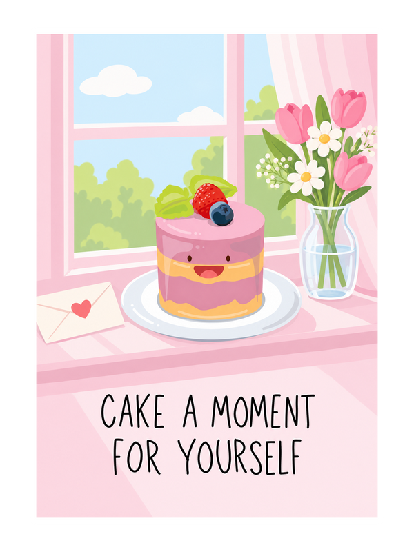 Cake A Moment Thinking Of You cake card by MailBakes, digital illustration with Cake a moment for yourself