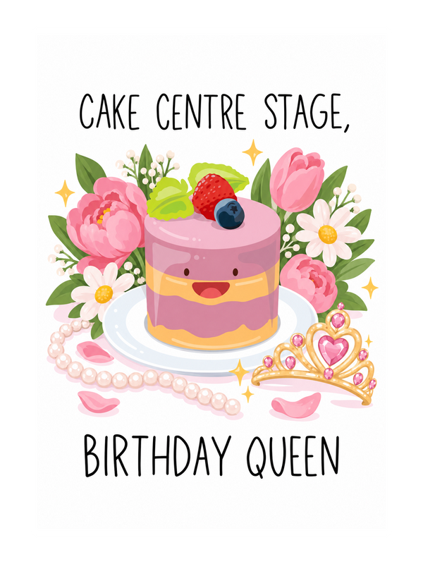 Cake Centre Stage Birthday cake card by MailBakes, digital illustration with Cake centre stage birthday queen